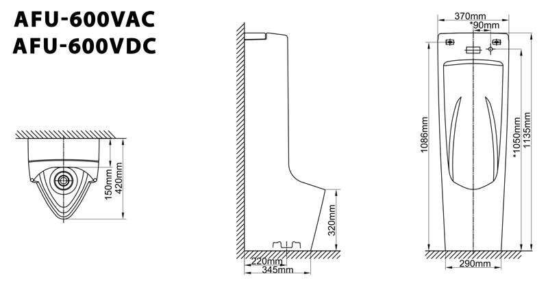 Bản vẽ bồn tiểu nam Inax AFU-600VDC đặt sàn, dùng pin