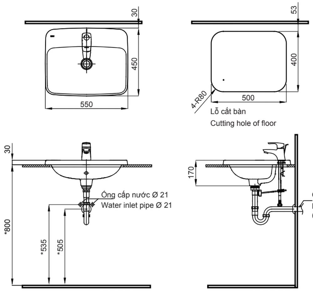 Bản vẽ chậu rửa lavabo Inax AL-2398V(EC/FC)