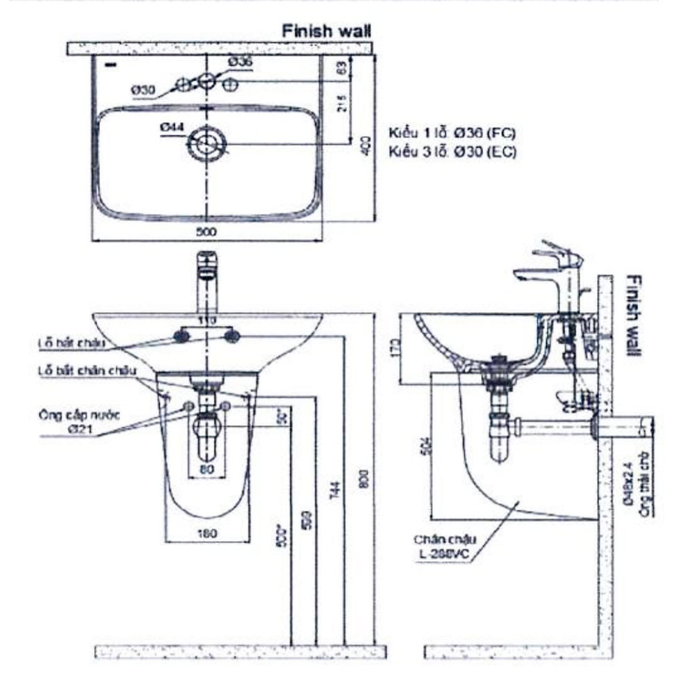 Bản vẽ chậu lavabo Inax AL-289V treo tường