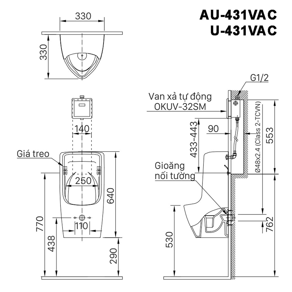 Bản vẽ bồn tiểu nam Inax AU-431VAC treo tường