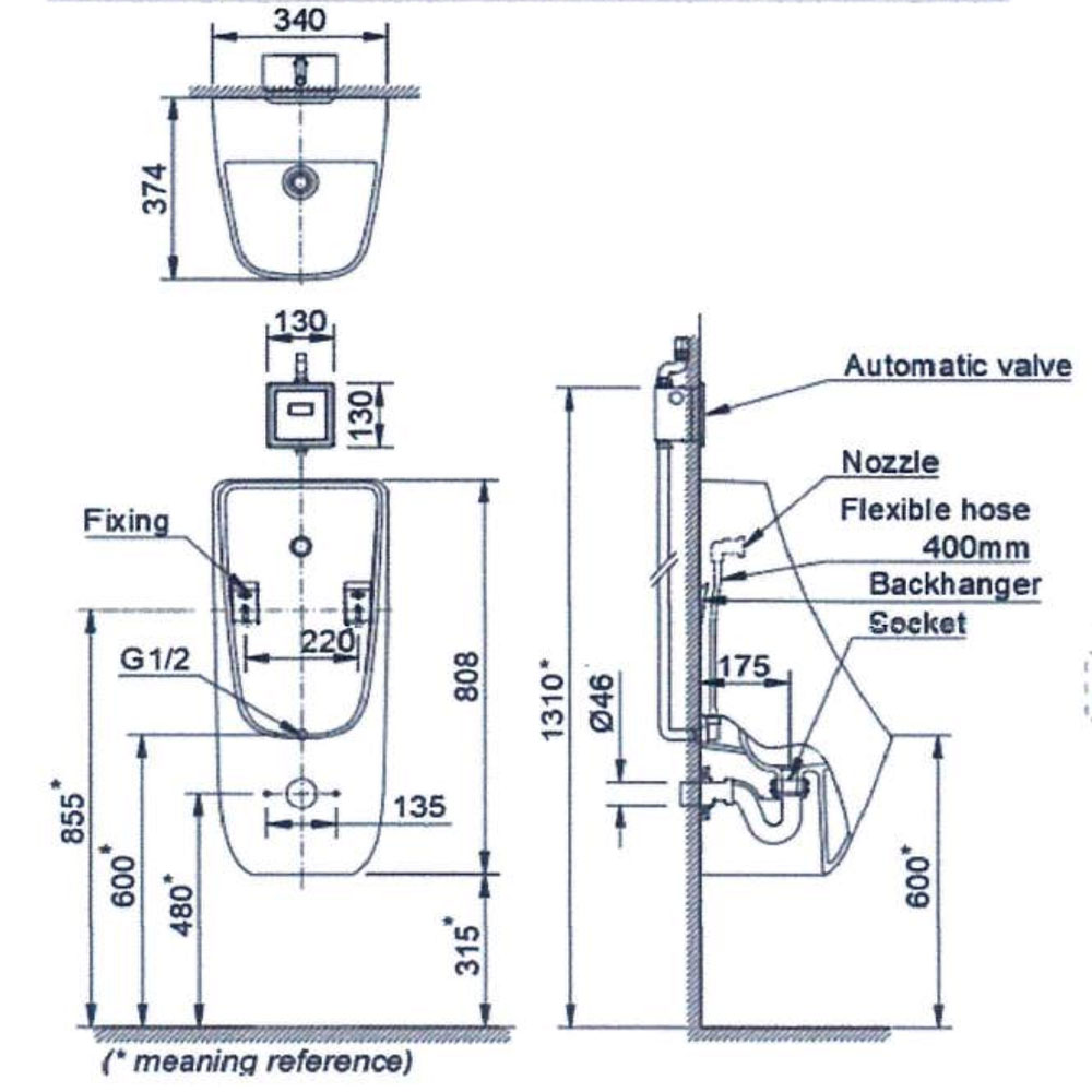 Bản vẽ bồn tiểu nam Inax AU-468VAC đặt sàn