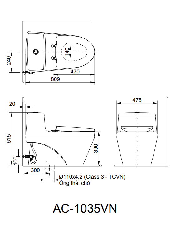 bản vẽ kỹ thuật Bồn cầu một khối inax AC-1035VN
