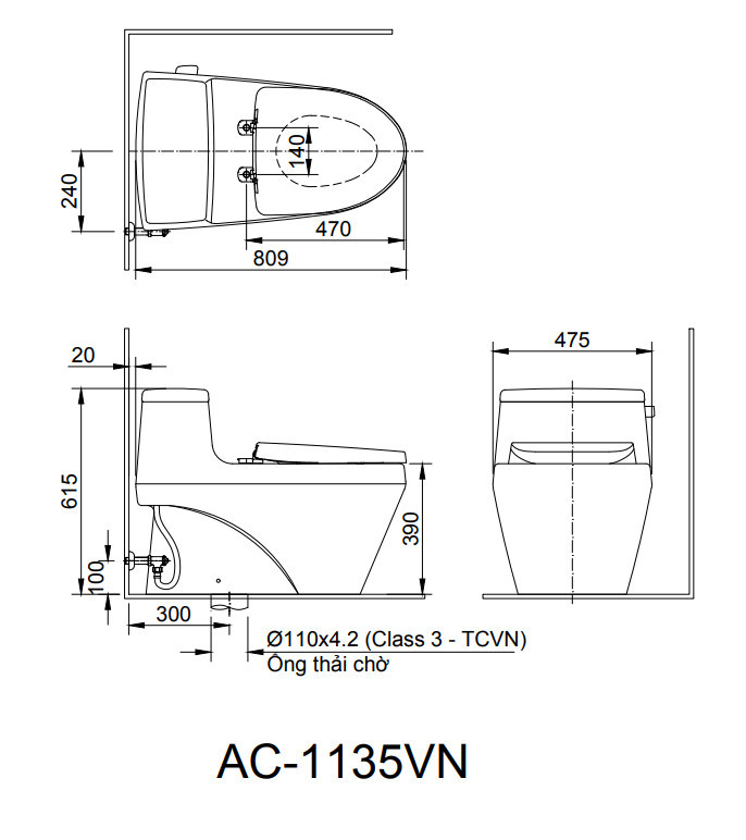Bản vẽ kỹ thuật Bồn cầu một khối inax AC-1135VN