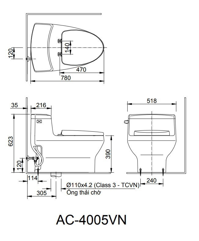 bản vẽ kỹ thuật Bồn cầu một khối Inax AC-4005VN