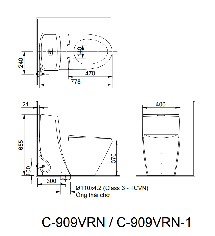 Bản vẽ kỹ thuật Bồn cầu một khối Inax AC-909VRN-1