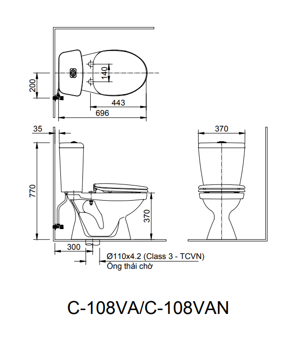 Bản vẽ kỹ thuật Bồn cầu Inax 2 khối C-108VA