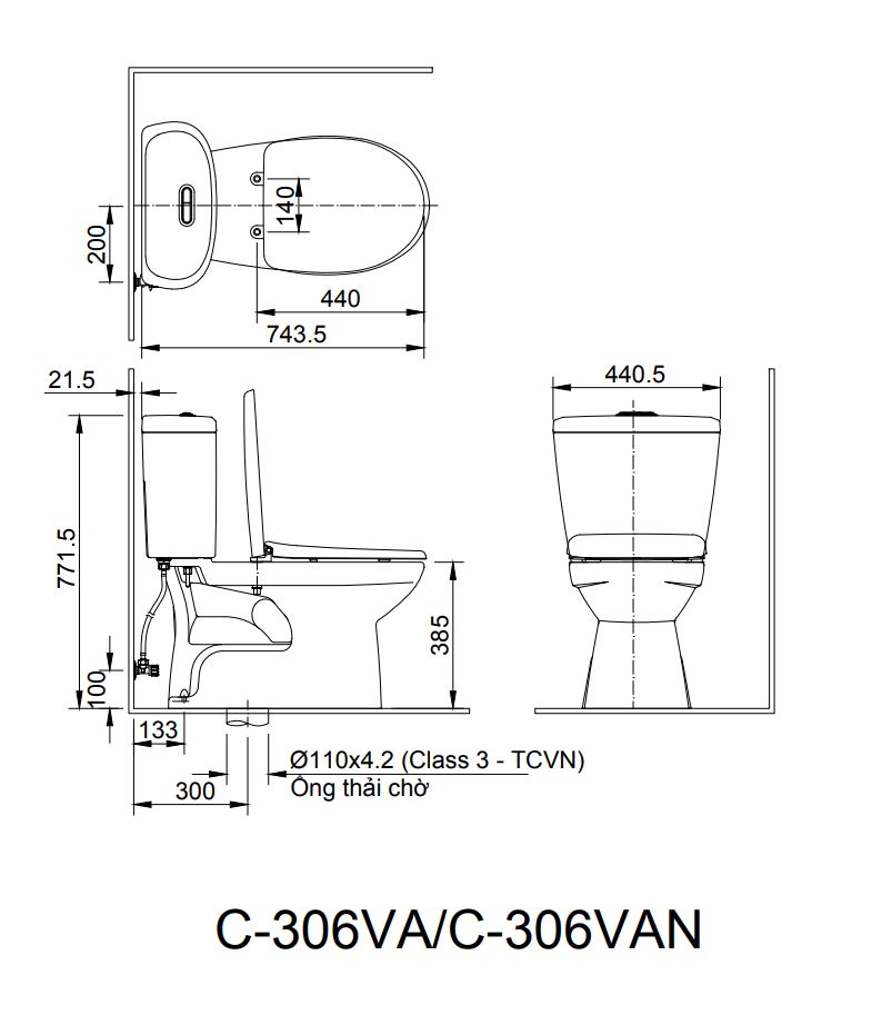 Bản vẽ kỹ thuật Bồn cầu hai khối inax C-306VA
