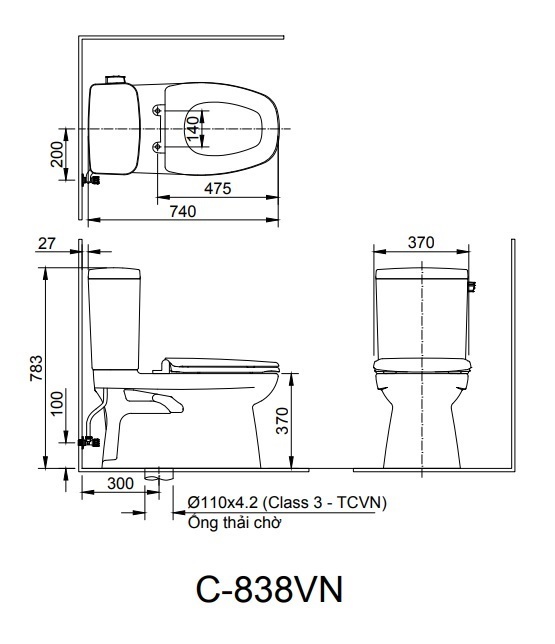 Bản vẽ kỹ thuật Bồn cầu hai khối Inax C-306VAN (nắp êm)