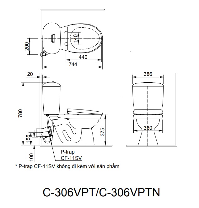 Bản vẽ kỹ thuật Bồn cầu hai khối inax C-306VPT