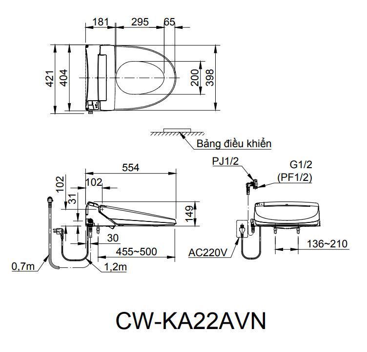 Bản vẽ kỹ thuật Nắp bồn cầu inax cảm ứng CW-KA22AVN
