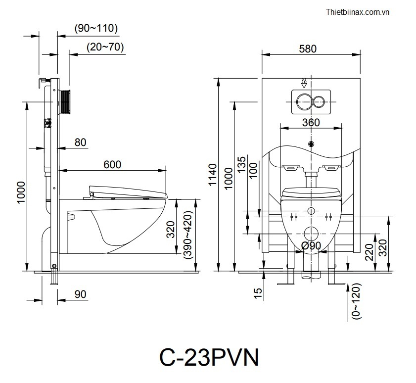 bản vẽ kỹ thuật Bồn cầu treo tường inax AC-23PVN