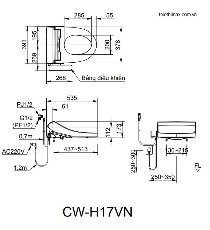 Bản vẽ kỹ thuật Nắp bồn cầu cảm ứng inax CW-H17VN