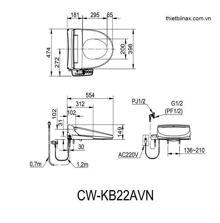Bản vẽ kỹ thuật Nắp bồn cầu inax cảm ứng CW-KB22AVN