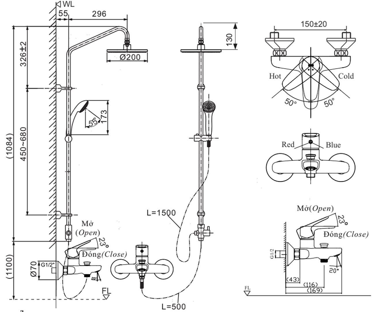 Bản vẽ sen tắm cây Inax BFV-1115S-3C nóng lạnh