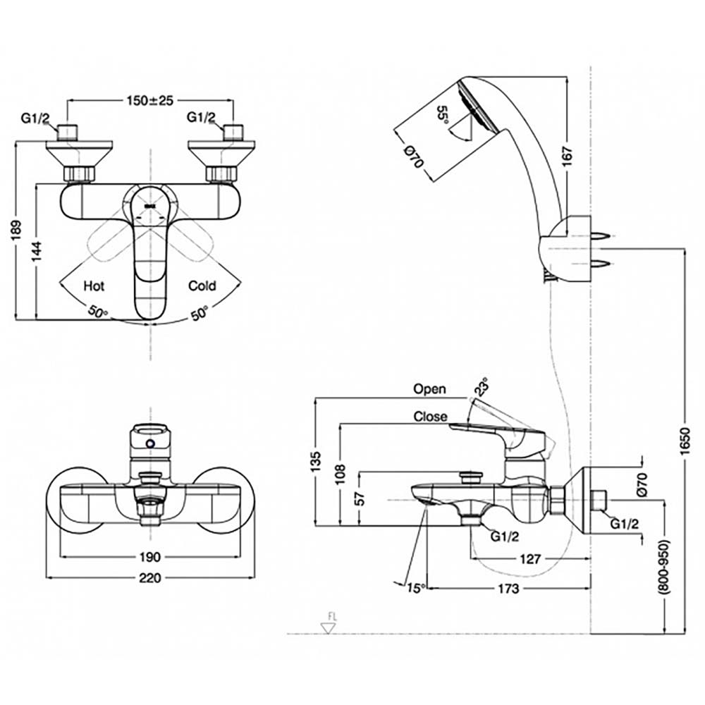 Bản vẽ sen tắm thường Inax BFV-1403S-3C nóng lạnh