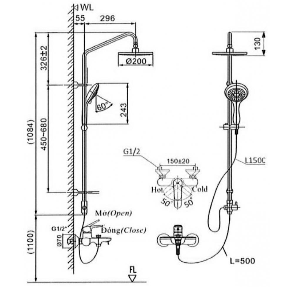 Bản vẽ sen tắm cây Inax BFV-1405S nóng lạnh