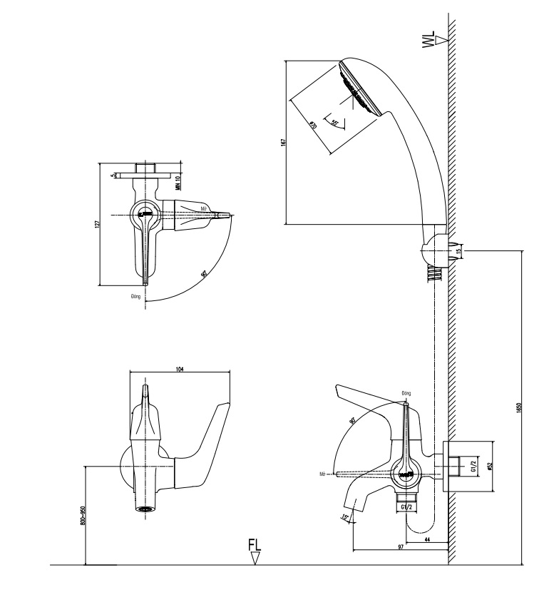 Bản vẽ sen tắm thường Inax BFV-17-7C nước lạnh