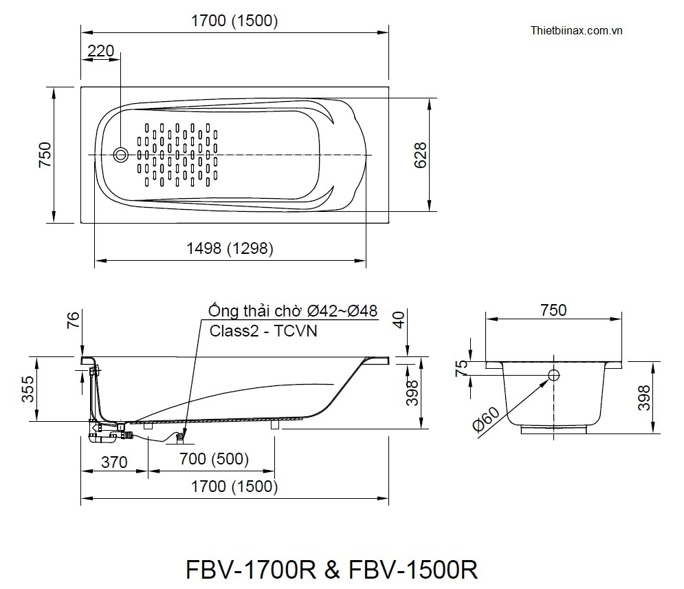 Bản vẽ Bồn tắm xây không yếm Inax FBV-1700R
