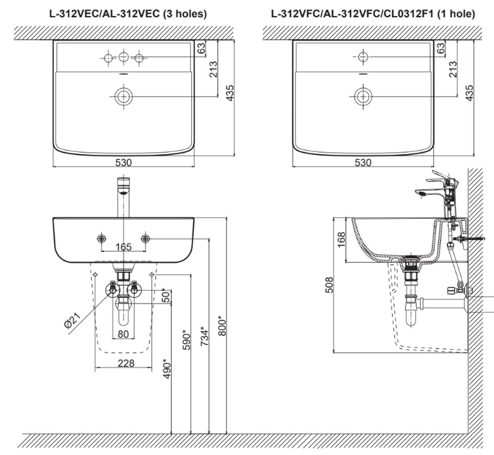 Bản vẽ chậu rửa lavabo Inax L-312V(EC/FC) đặt bàn