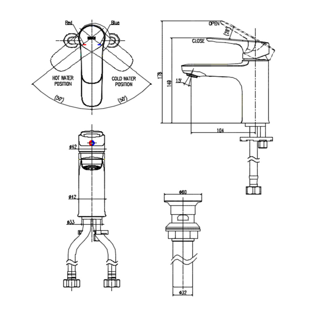 Bản vẽ vòi chậu 1 lỗ Inax LFV-1402S-R nóng lạnh
