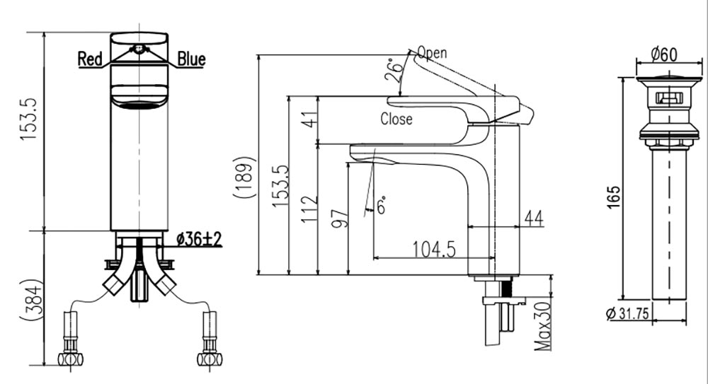 Bản vẽ vòi chậu 1 lỗ thấp Inax LFV-632S-2 nóng lạnh