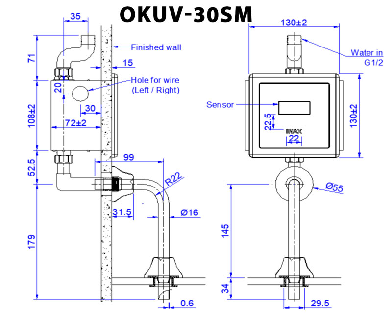 Bản vẽ van xả tiểu cảm ứng Inax OKUV-30SM