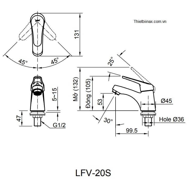 Bản vẽ kỹ thuật Vòi chậu nước lạnh inax LFV-20S