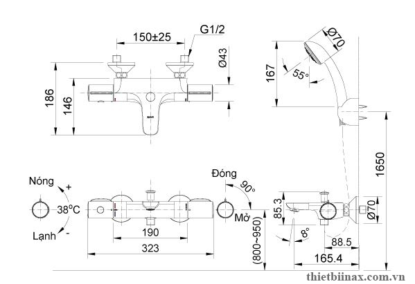 Bản vẽ kỹ thuật Sen tắm nhiệt độ Inax BFV-3413T-3C