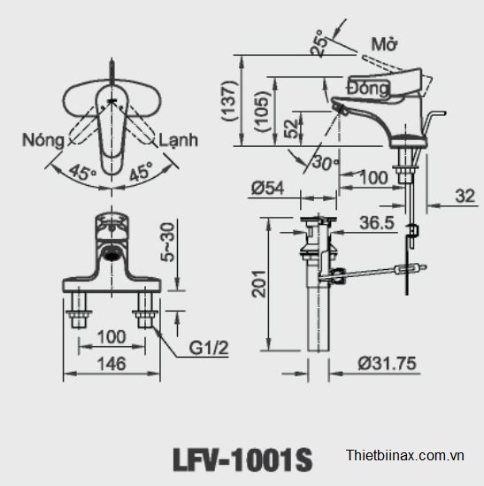 Bản vẽ kỹ thuật Vòi chậu lavabo nóng lạnh Inax LFV-1001S