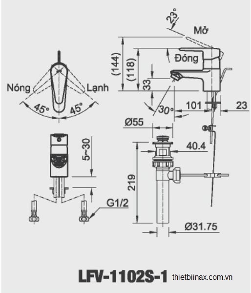 bản vẽ kỹ thuật Vòi chậu Lavabo nóng lạnh Inax LFV-1102S-1