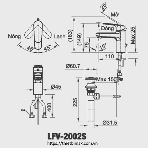 Bản vẽ kỹ thuật Vòi chậu nóng lạnh inax LFV-2002S