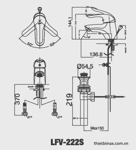 bản vẽ kỹ thuật Vòi chậu lavabo nóng lạnh inax LFV-222S
