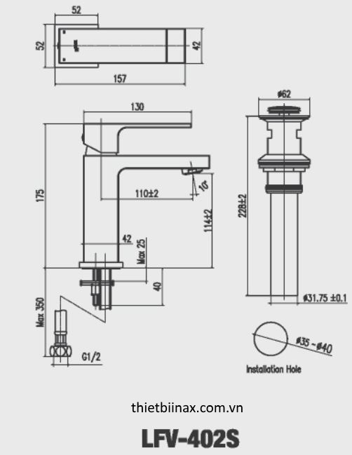 bản vẽ kỹ thuật Vòi chậu lavabo nóng lạnh inax LFV-402S