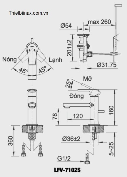 Bản vẽ kỹ thuật Vòi chậu Lavabo nóng lạnh Inax LFV-7102S