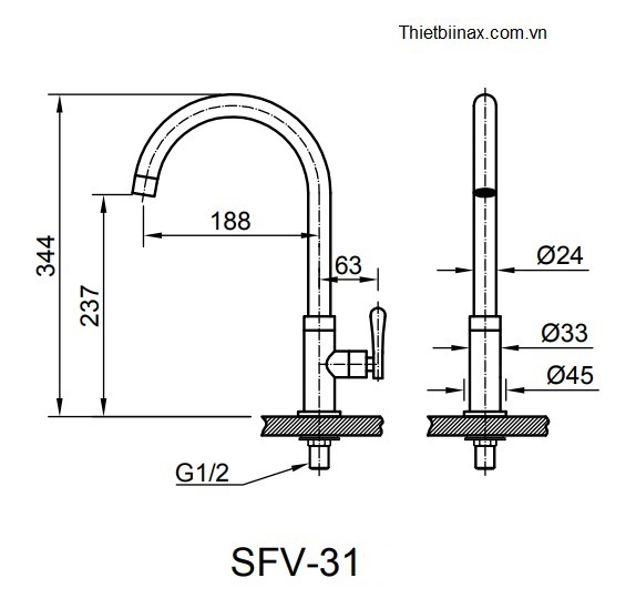 Bản vẽ Vòi rửa bát nước lạnh inax SFV-31