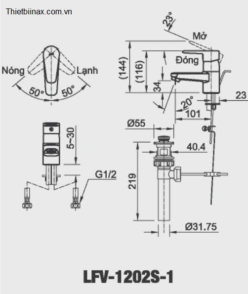 Bản vẽ kỹ thuật Vòi chậu lavabo nóng lạnh Inax LFV-1202S-1