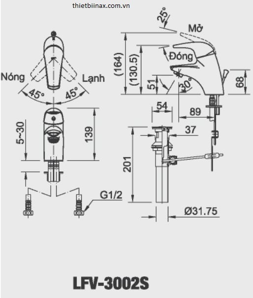 Bản vẽ kỹ thuật Vòi chậu Lavabo nóng lạnh Inax LFV-3002S