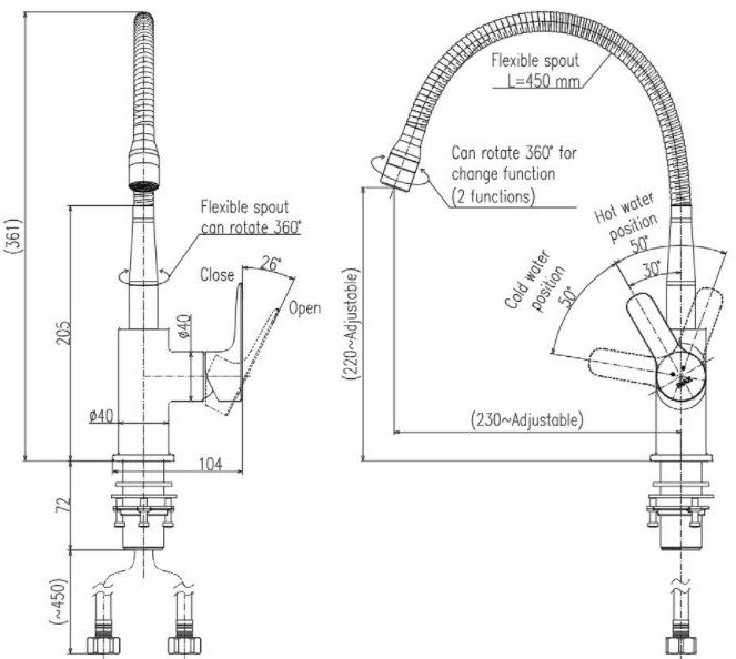 Bản vẽ vòi bếp nóng lạnh Inax SFV-303S