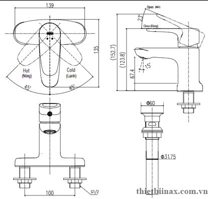 Bản vẽ kỹ thuật Vòi chậu lavabo 3 lỗ Inax LFV-1111S