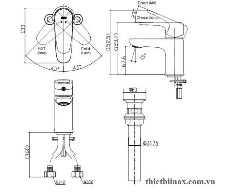 bản vẽ kỹ thuật Vòi chậu lavabo 1 lỗ thấp Inax LFV-1112S