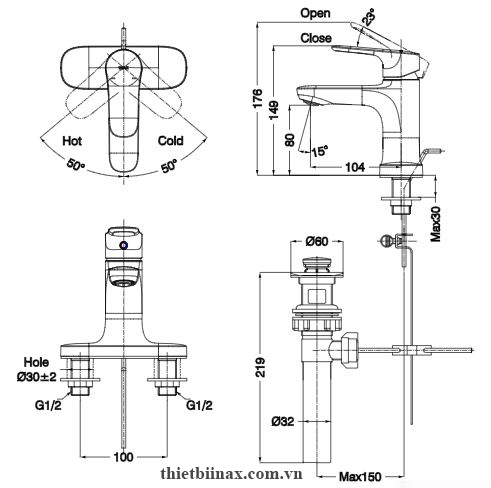 Bản vẽ kỹ thuật Vòi chậu lavabo 3 lỗ Inax LFV-1401S